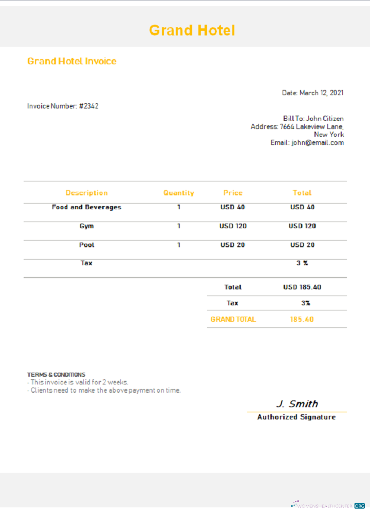 Download USA Grand Hotel invoice Photoshop template